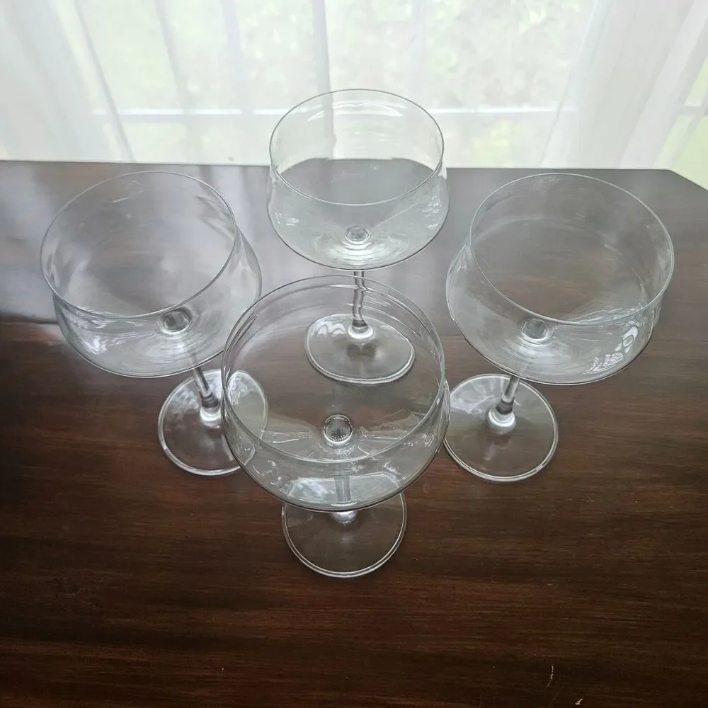 Vintage MCM Hand Blown Hollow Stem Champagne Coupes, Set of 4